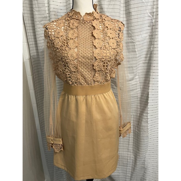 Camel Floral Sheer Crochet Lace Dresses for Women Size Large - Picture 5 of 13